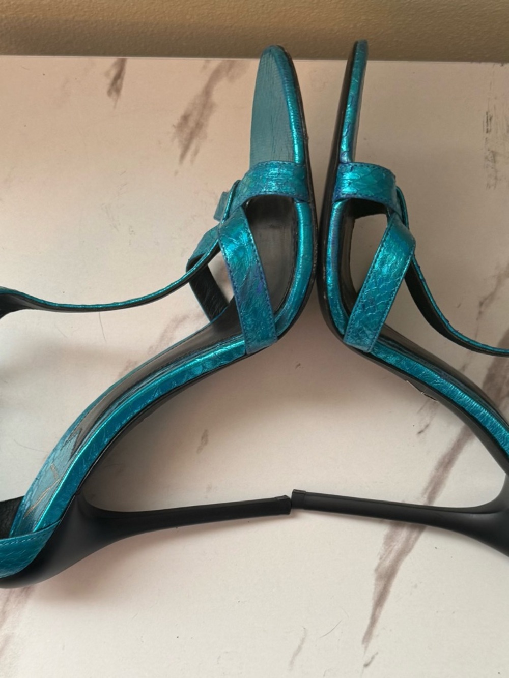 Brian Atwood Laetitia Turquoise Metallic Strappy Stiletto Sandals, GUC, Size 8 - Picture 4 of 14